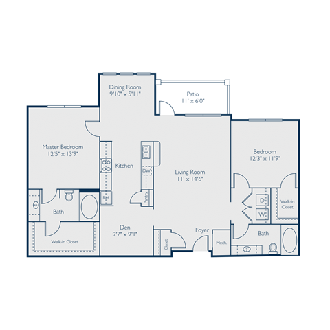 Floor plan for 2 beds, 2 baths, 1375 sqft